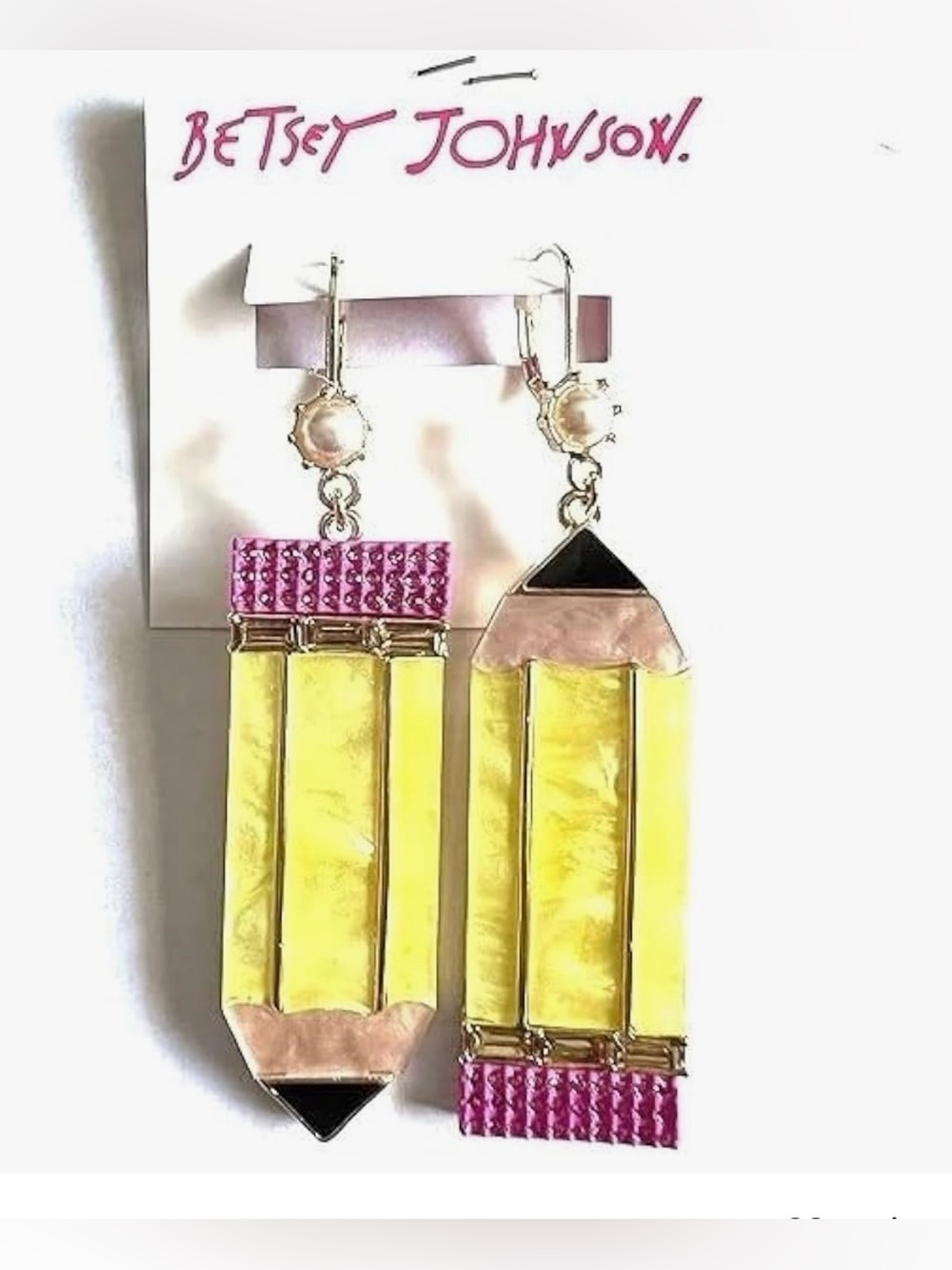Betsey Johnson Yellow Pencil and Pink Eraser Dangle Earrings